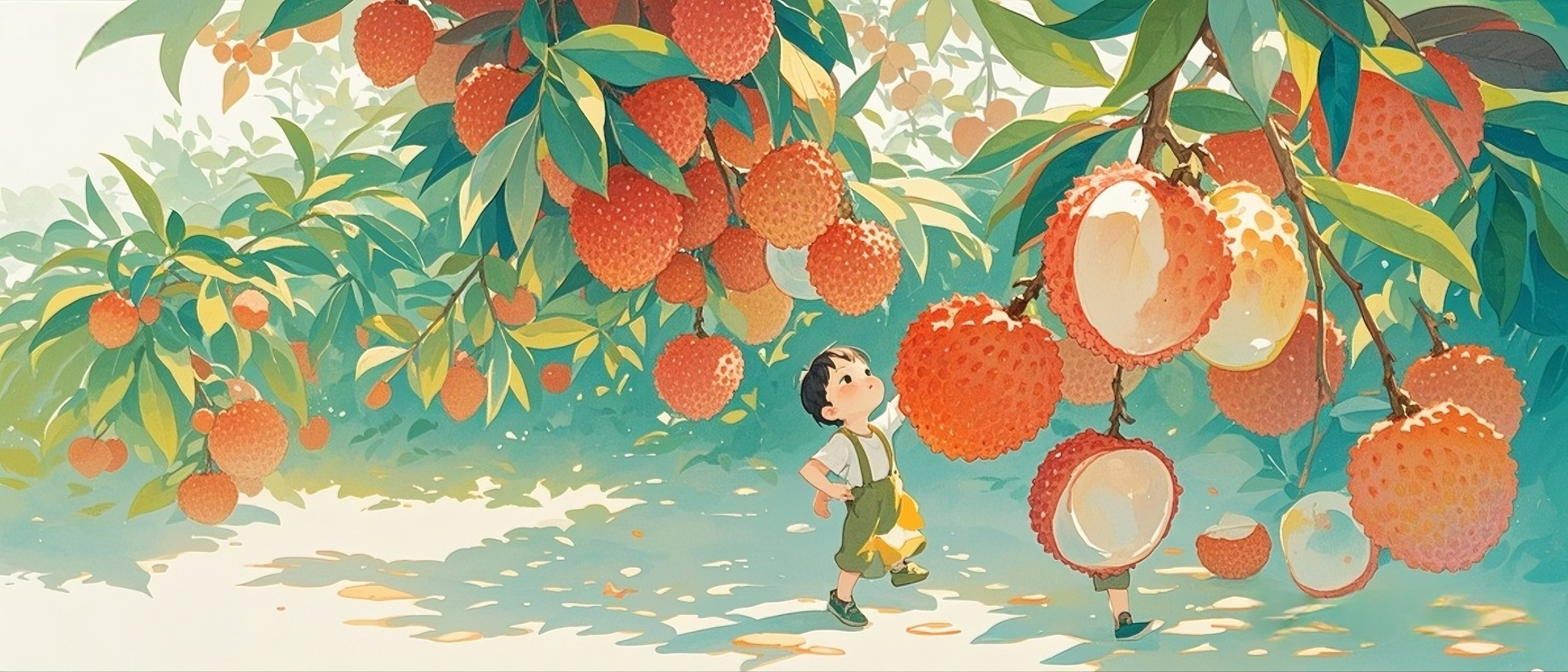 jimeng-2025-10-27-5603-荔枝叶插画,留白处多,水彩画风格透明水彩。在畫面最下方有一個極小的小孩,抬頭看荔... jimeng-2025-10-27-5603-荔枝叶插画,留白处多,水彩画风格透明水彩。在畫面最下方有一個極小的小孩,抬頭看荔...
